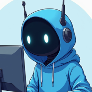 Cartoon avatar: a hooded figure with glowing eyes typing at a computer